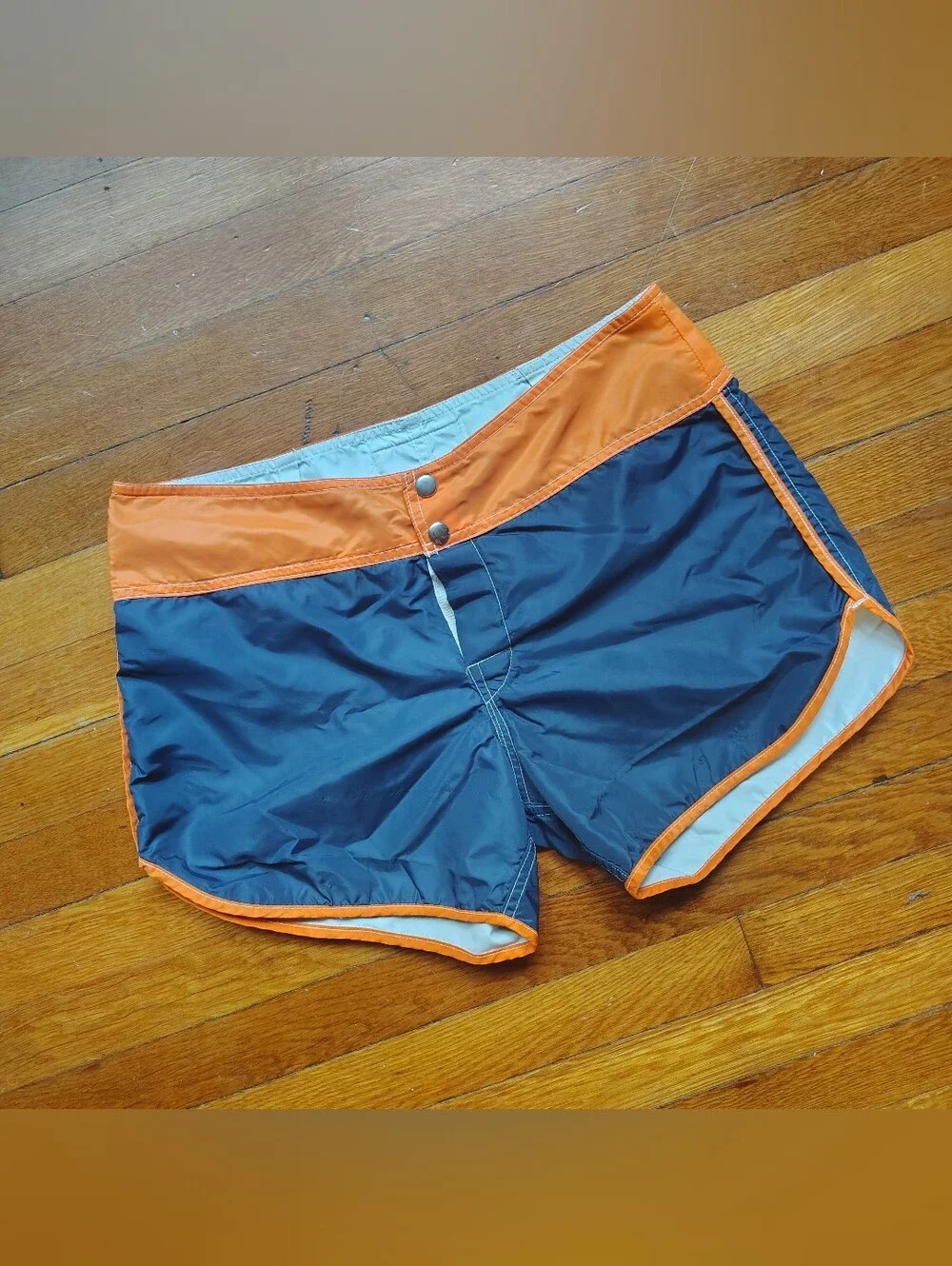 70s 80s Vintage Sz 32 Sun Britches Navy Blue Orange Men Swim Trunks Board Shorts